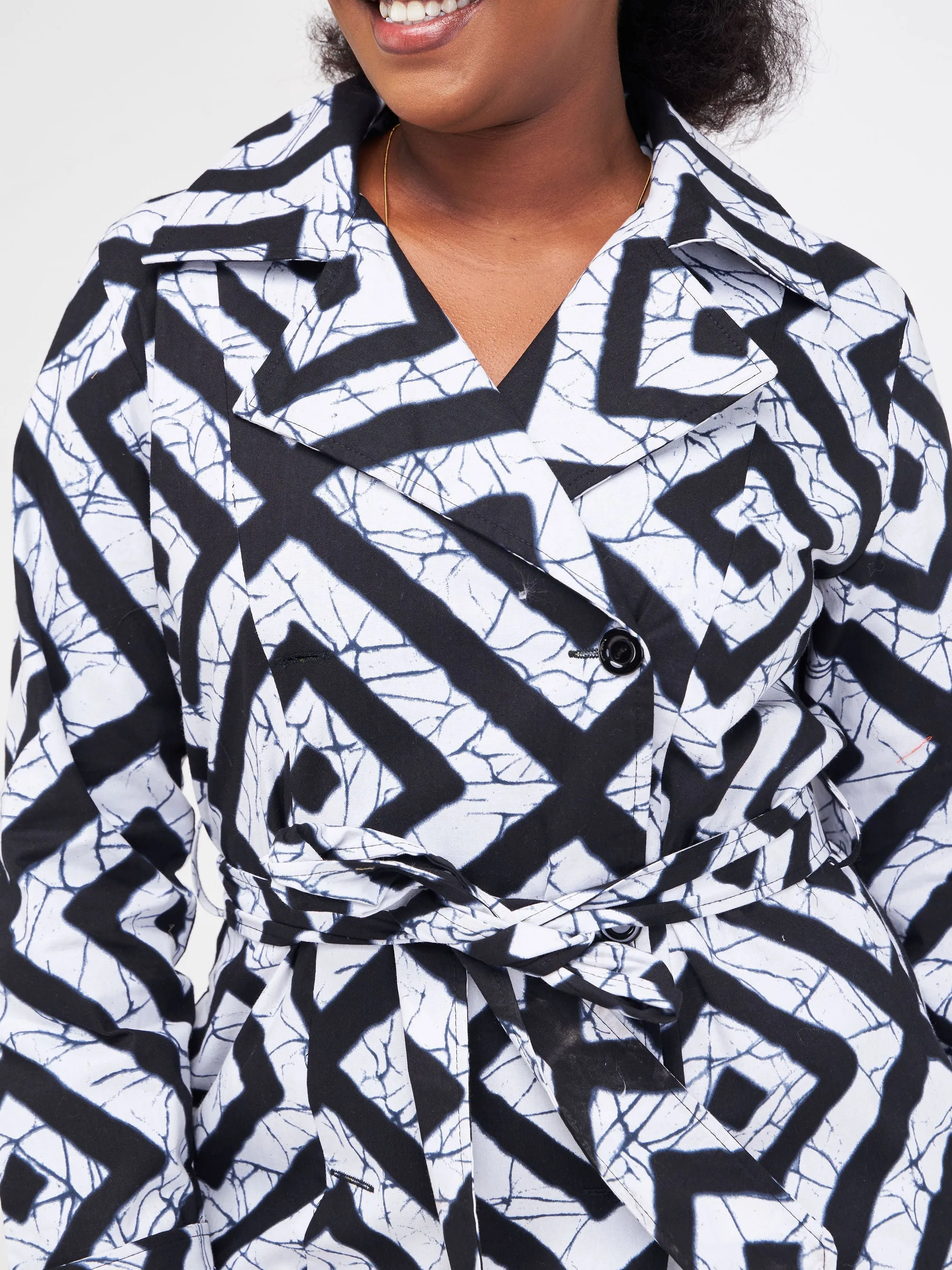 Safari Anga Trench Coat - Black / White Ankara Print