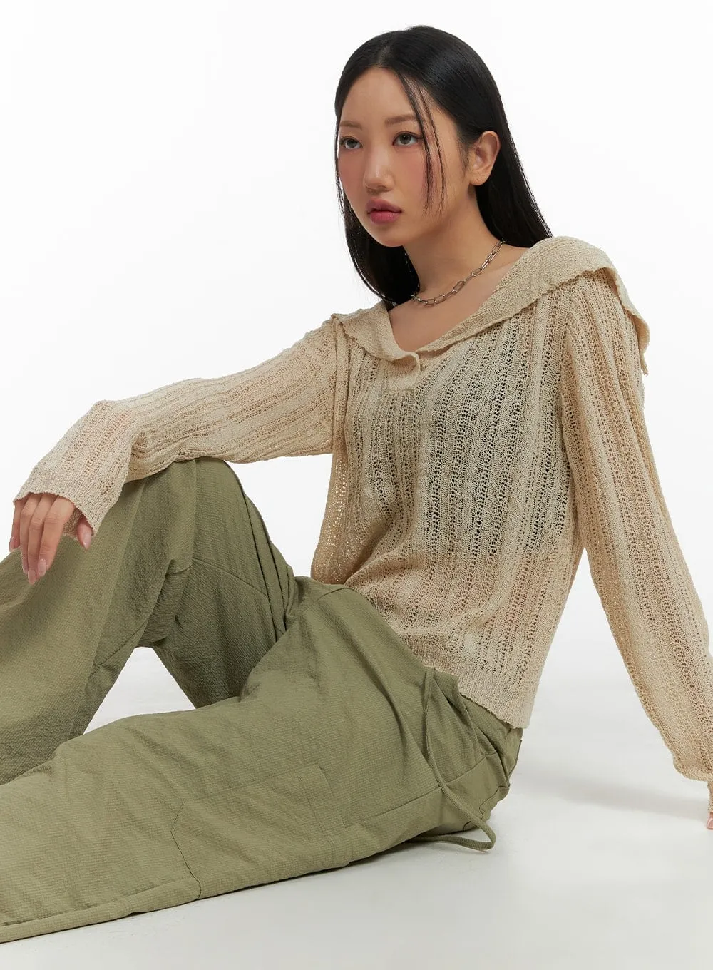 Shawl Collar Sheer Knit Top CM422