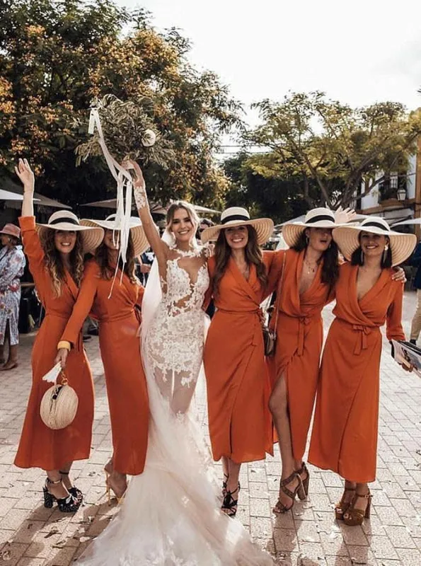 Shift V-Neck Floor Length Orange Chiffon Bridesmaid Dress