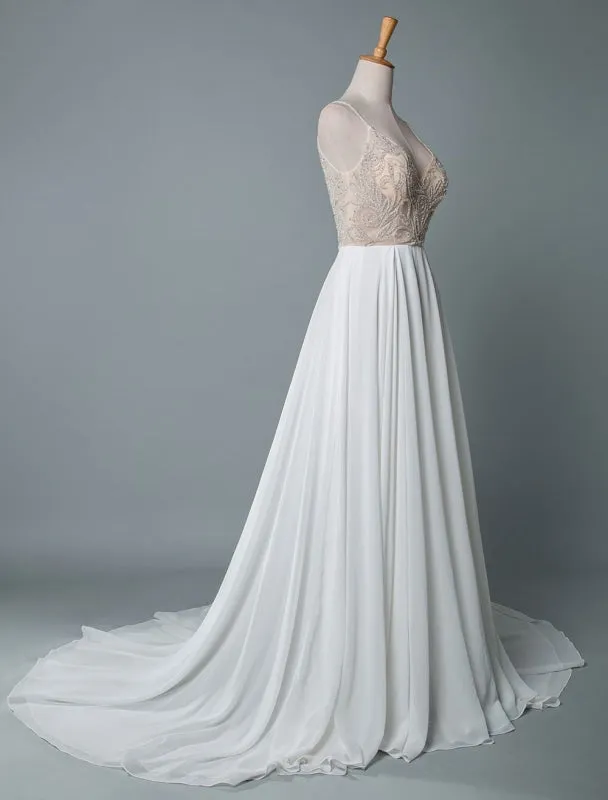 Simple Wedding Dress A Line V Neck Sleeveless Embroidered Chiffon Bridal Dresses With Train