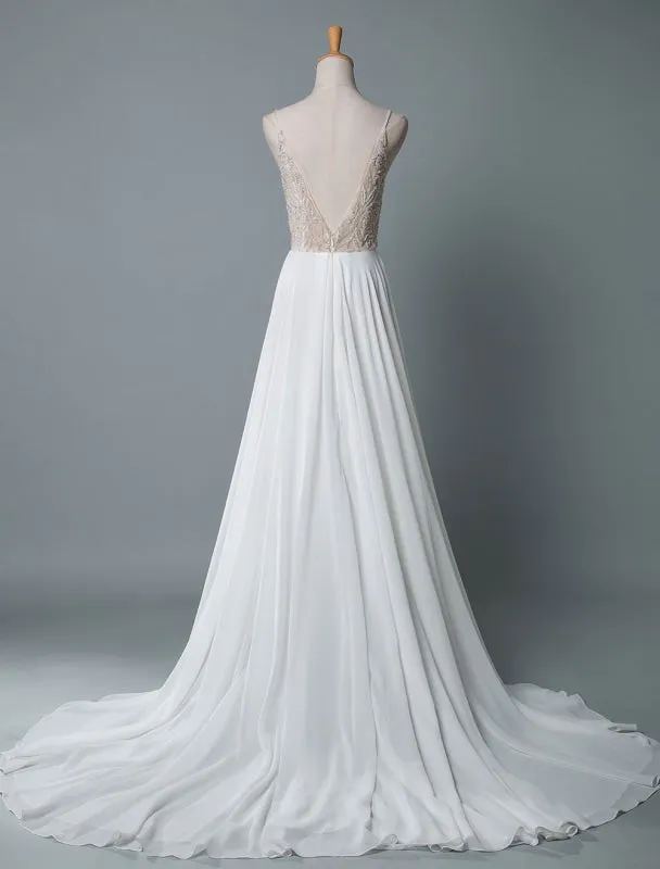 Simple Wedding Dress A Line V Neck Sleeveless Embroidered Chiffon Bridal Dresses With Train