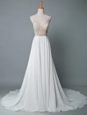 Simple Wedding Dress A Line V Neck Sleeveless Embroidered Chiffon Bridal Dresses With Train