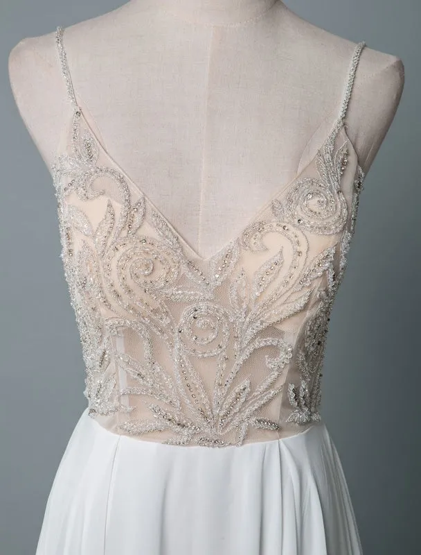 Simple Wedding Dress A Line V Neck Sleeveless Embroidered Chiffon Bridal Dresses With Train