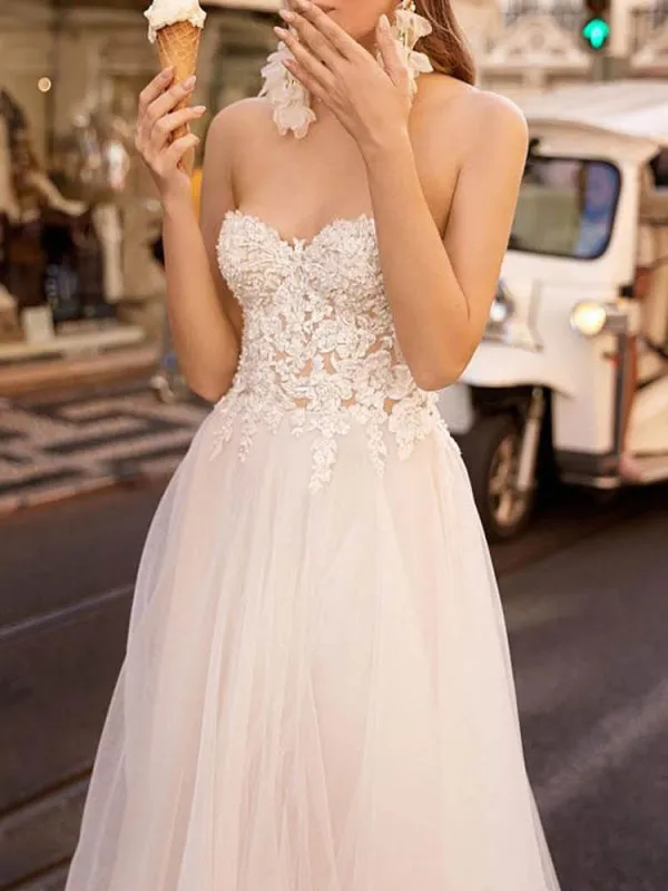 Simple Wedding Dress Tulle Sweetheart Neck Sleeveless A Line Lace Flora Bridal Gowns With Train