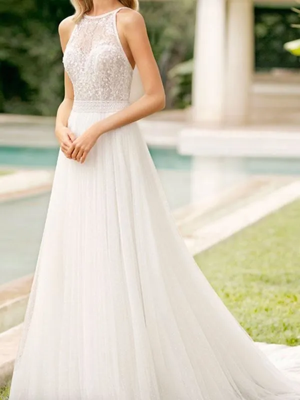 Simple Wedding Dress With Train Mermaid Dress V Neck Sleeveless Lace Bridal Dresses