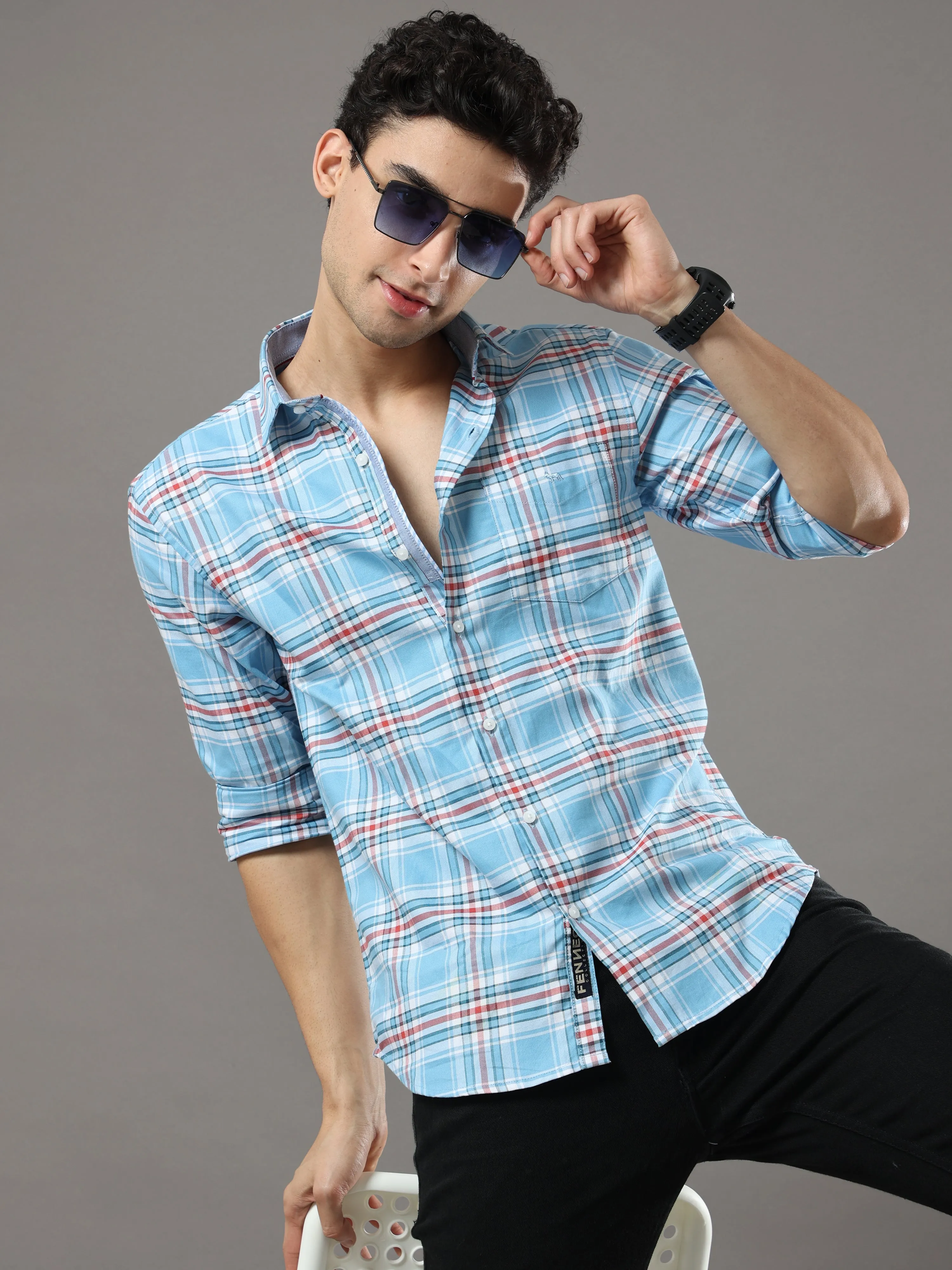 Sky Blue And Red Checks Shirt