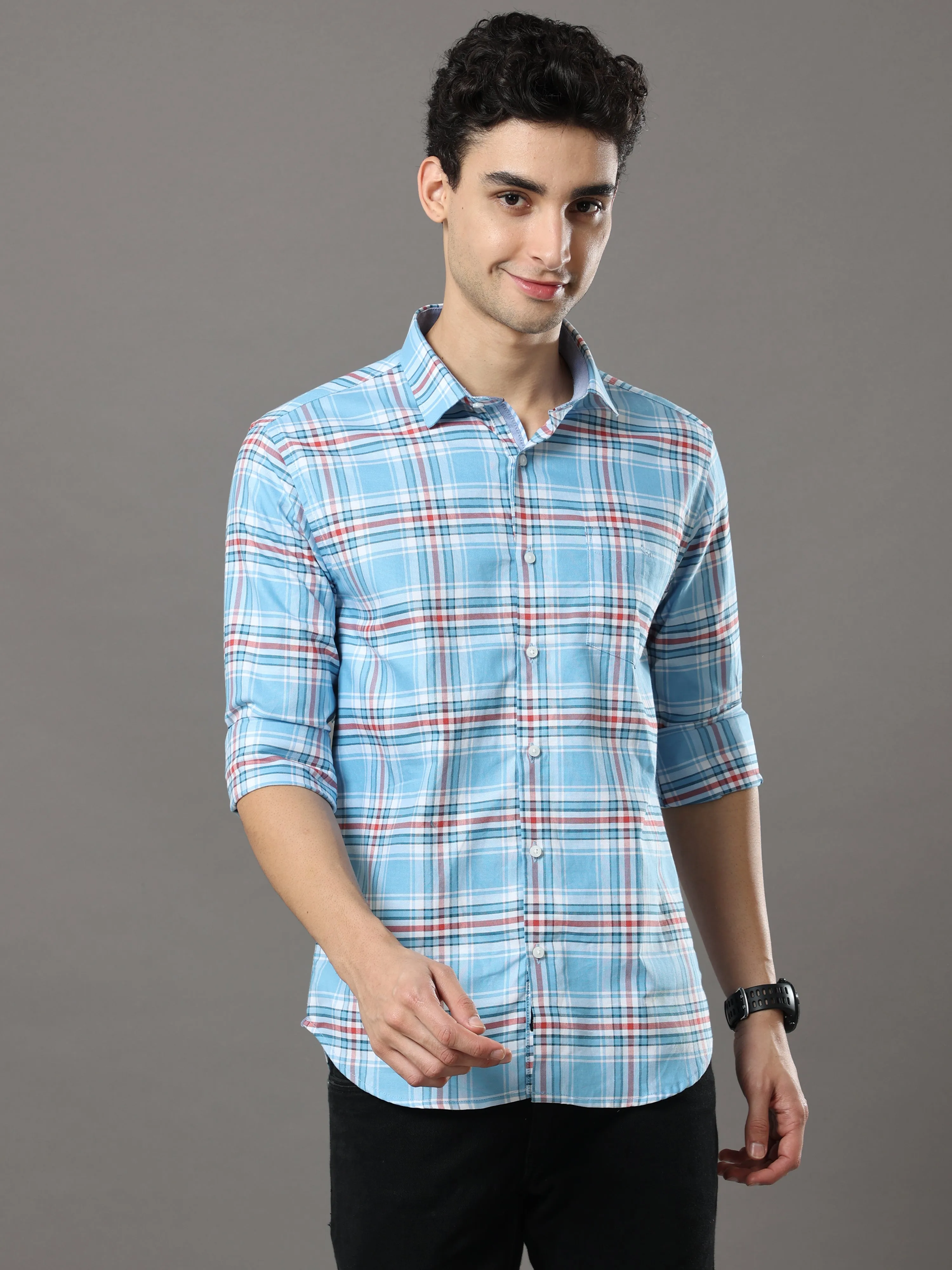 Sky Blue And Red Checks Shirt