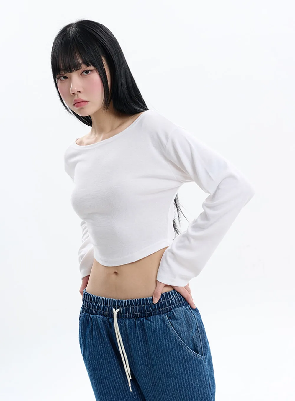 Solid Crop Long Sleeve Top IF413