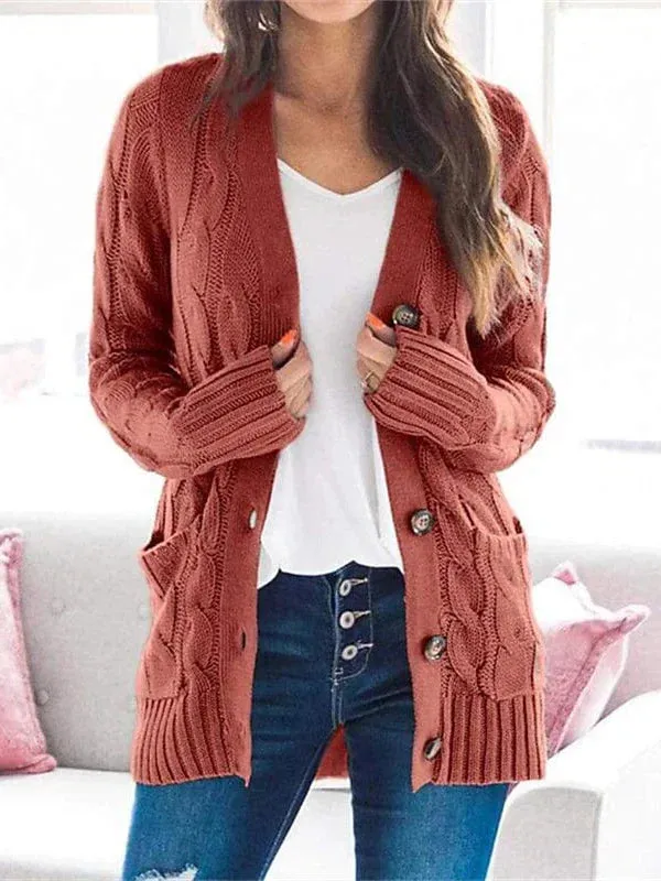 Stylish Women's Cable-Knit Buttoned Cardigan with Pockets