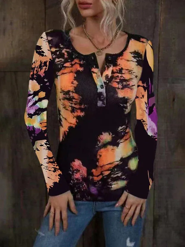 Stylish Women's Tie Dye Henley Shirt with Long Sleeves