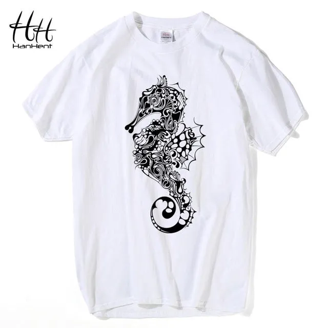 T-shirts HanHent New Hippocampus Printed Men's Cotton Short Sleeve Summer Swag Beach Style Animal T shirts Boys