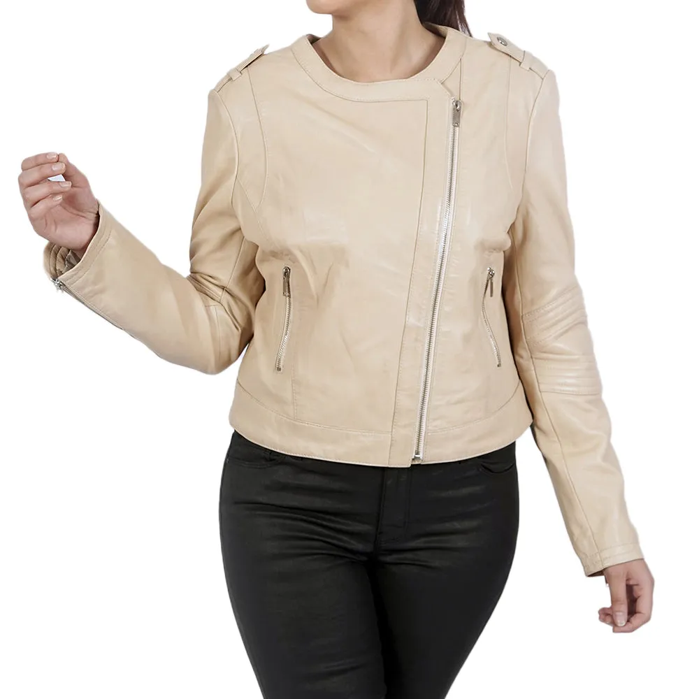 Tiffany Asymmetrical Off White Leather Jacket