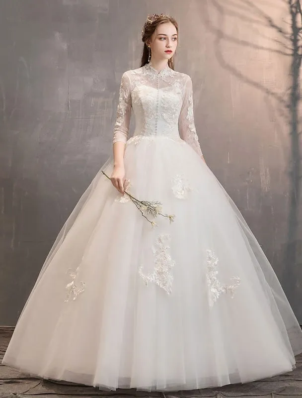 Tulle Wedding Dresses Ivory Illusion Neckline Half Sleeve Floor Length Princess Bridal Dress