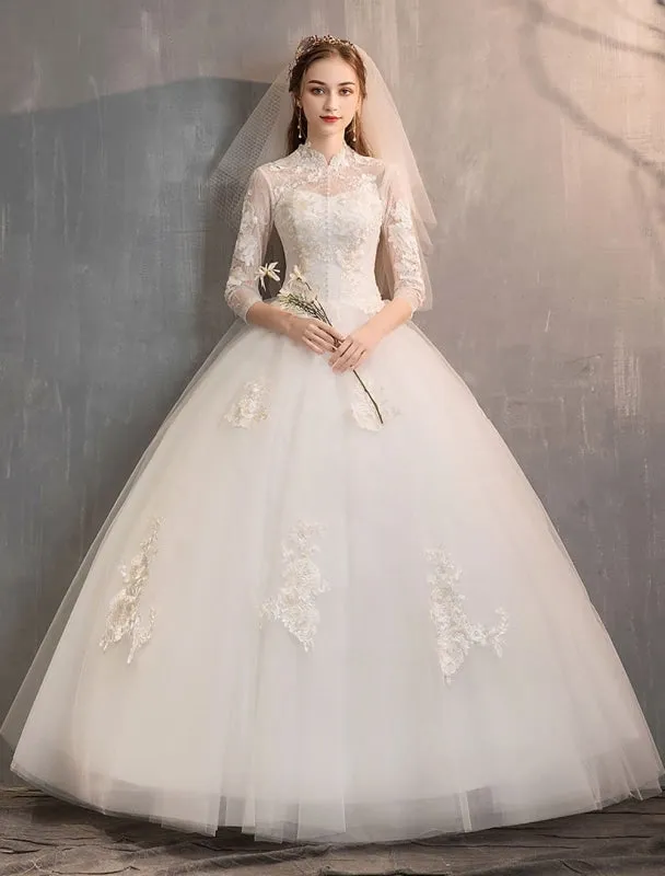 Tulle Wedding Dresses Ivory Illusion Neckline Half Sleeve Floor Length Princess Bridal Dress