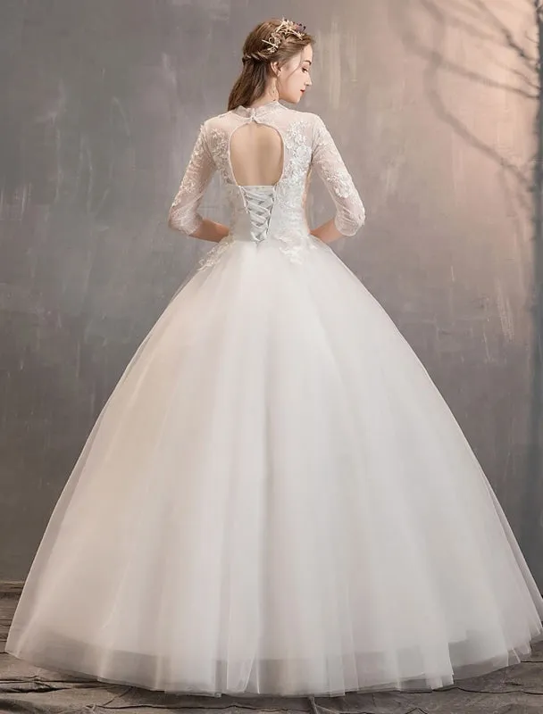 Tulle Wedding Dresses Ivory Illusion Neckline Half Sleeve Floor Length Princess Bridal Dress