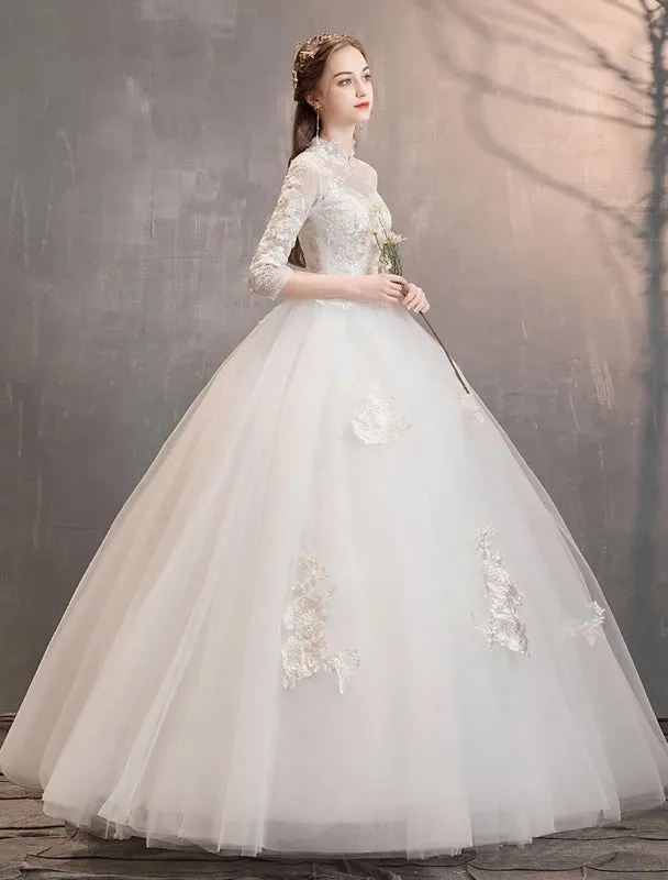 Tulle Wedding Dresses Ivory Illusion Neckline Half Sleeve Floor Length Princess Bridal Dress