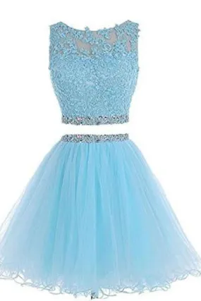 Two Pieces Prom Dresses Applique Short Homecoming Dresses