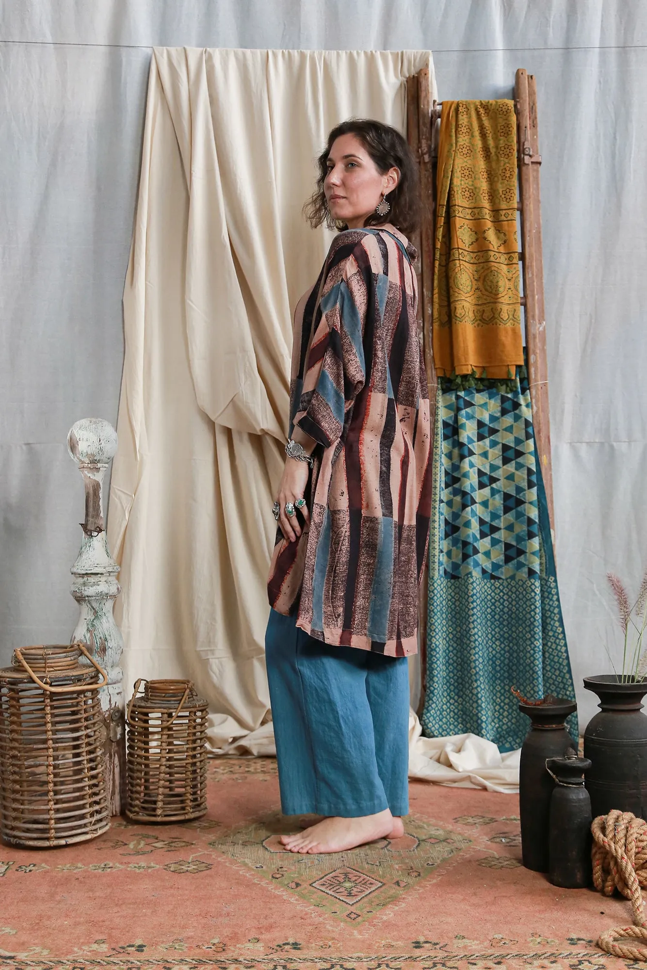 Unisex Oversized coat shirt Ajrakh Tussar Mulberry Silk