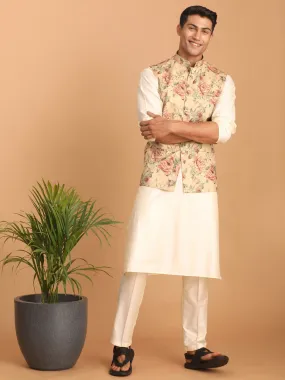 VASTRAMAY Beige Printed Nehru Jacket And Cream Solid Kurta With Pant Set