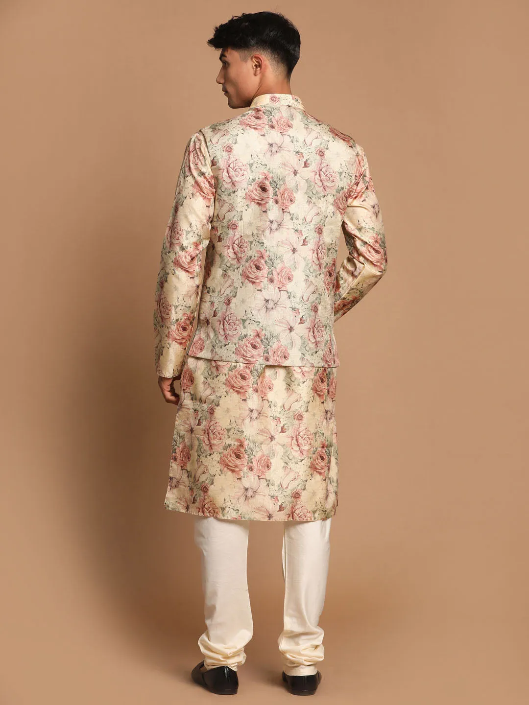 VASTRAMAY Beige Printed Nehru Jacket And kurta With Cream Solid Pyjama Set