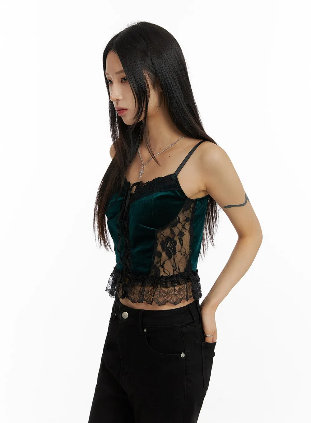 Velvet Lace Crop Sleeveless Top CF429