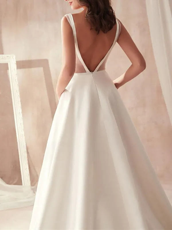 Vintage Wedding Dresses 2021 A Line V Neck Sleeveless Floor Length Pleat Bridal Gowns With Train