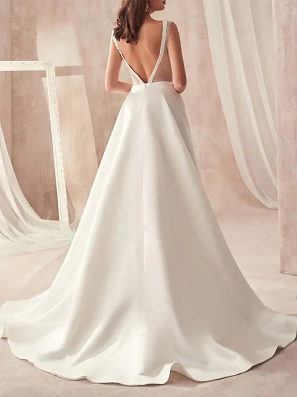 Vintage Wedding Dresses 2021 A Line V Neck Sleeveless Floor Length Pleat Bridal Gowns With Train