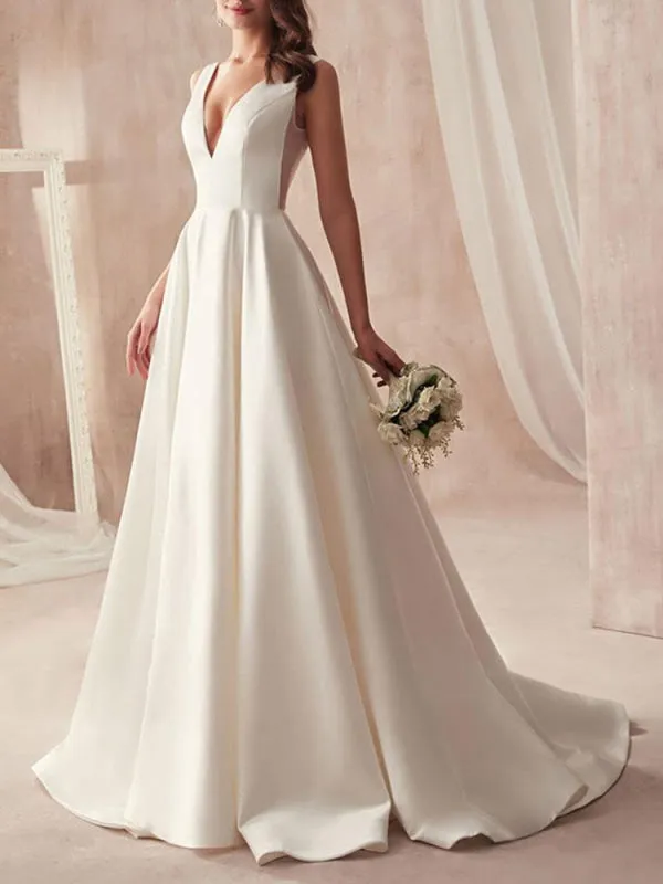 Vintage Wedding Dresses 2021 A Line V Neck Sleeveless Floor Length Pleat Bridal Gowns With Train