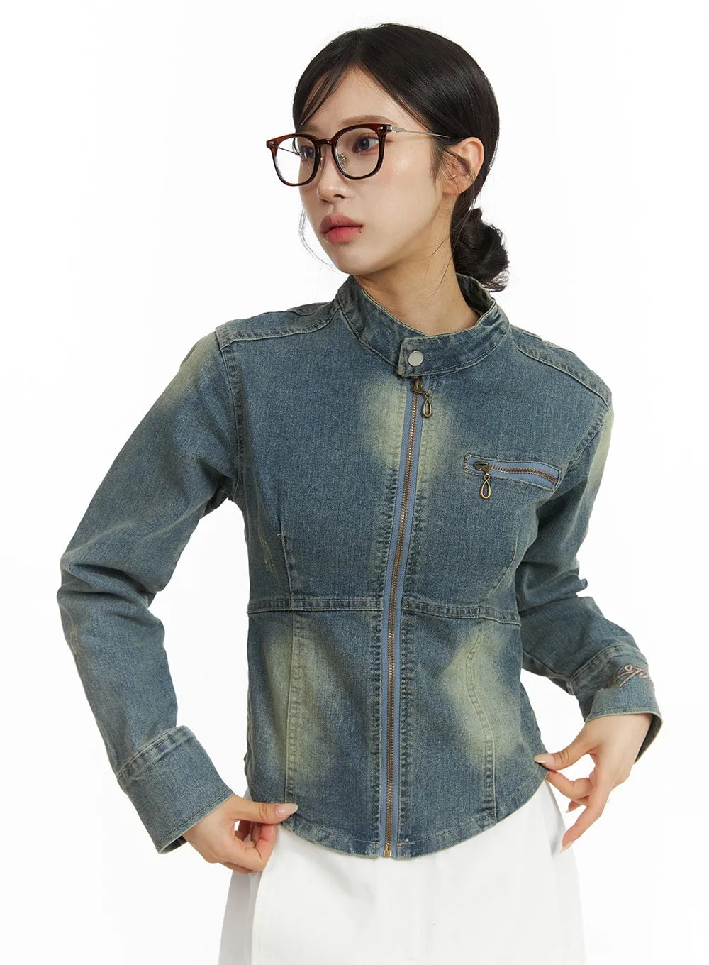 Washed Zip-Up Denim Biker Jacket CJ431