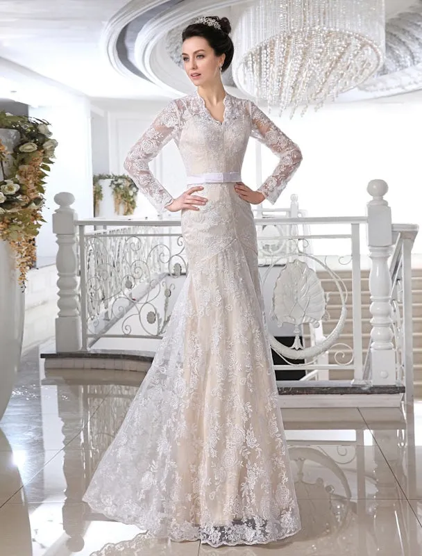 Wedding Dresses Lace Champagne Bridal Dress V Neck Long Sleeve Illusion Sheath Bow Sash Floor Length Wedding Gown