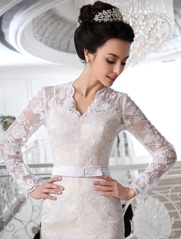 Wedding Dresses Lace Champagne Bridal Dress V Neck Long Sleeve Illusion Sheath Bow Sash Floor Length Wedding Gown