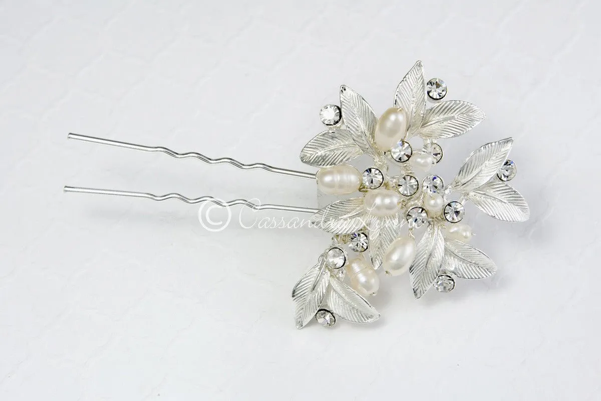 Wedding Hair Pin of Leaves and Pearls