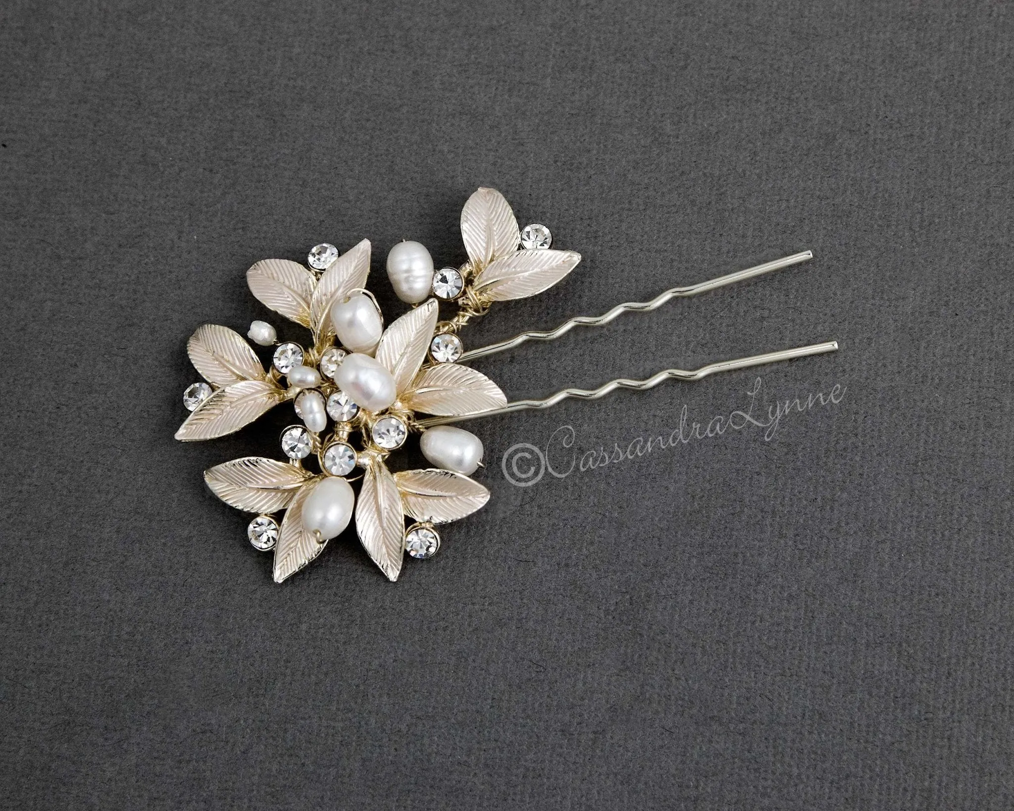 Wedding Hair Pin of Leaves and Pearls