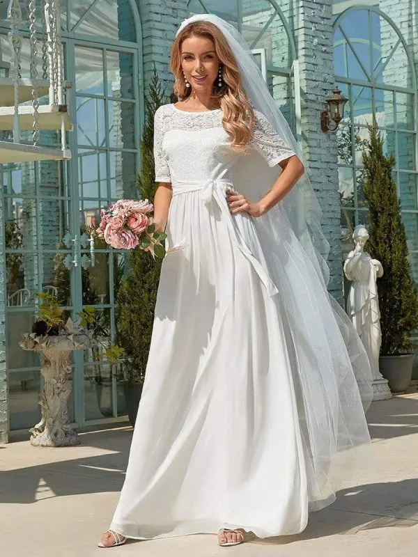 White Simple Wedding Dress Chiffon Jewel Neck Short Sleeves Sash A-Line Long Bridal Gowns