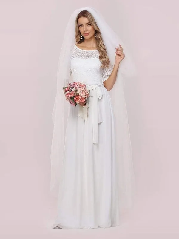 White Simple Wedding Dress Chiffon Jewel Neck Short Sleeves Sash A-Line Long Bridal Gowns