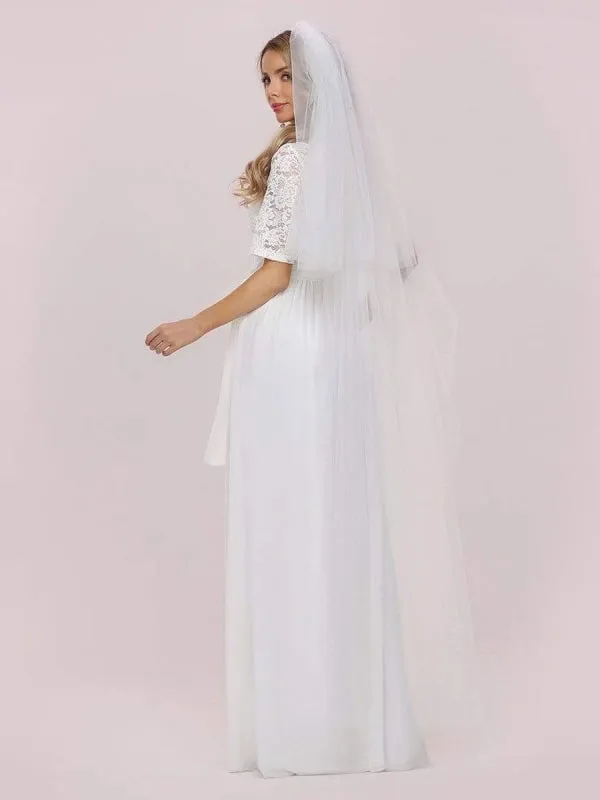 White Simple Wedding Dress Chiffon Jewel Neck Short Sleeves Sash A-Line Long Bridal Gowns