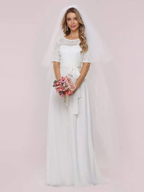 White Simple Wedding Dress Chiffon Jewel Neck Short Sleeves Sash A-Line Long Bridal Gowns