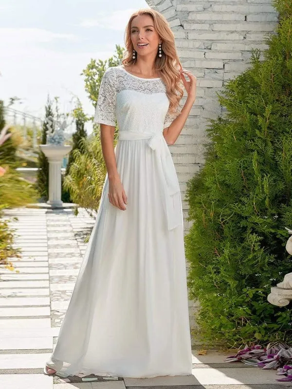 White Simple Wedding Dress Chiffon Jewel Neck Short Sleeves Sash A-Line Long Bridal Gowns