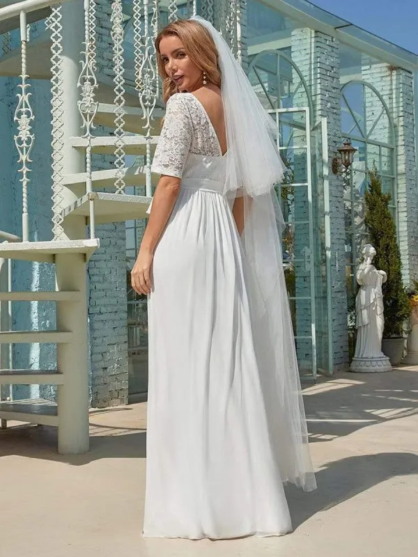 White Simple Wedding Dress Chiffon Jewel Neck Short Sleeves Sash A-Line Long Bridal Gowns