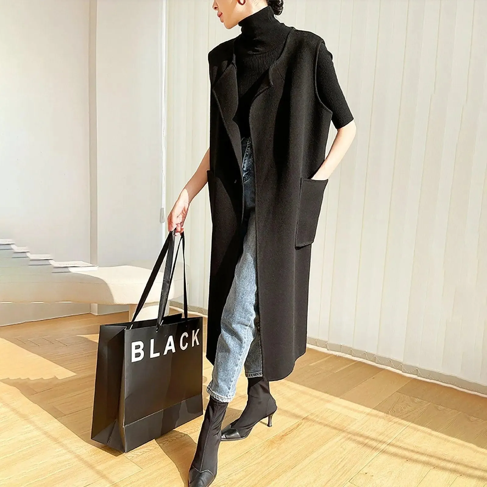 Women Black Long wool Vest,Wool Waistcoat,Oversize Wool Vest,Long Wool Waistcoat,Black Long Coat,Wool Cardigan Vest,Long Wool Waistcoat