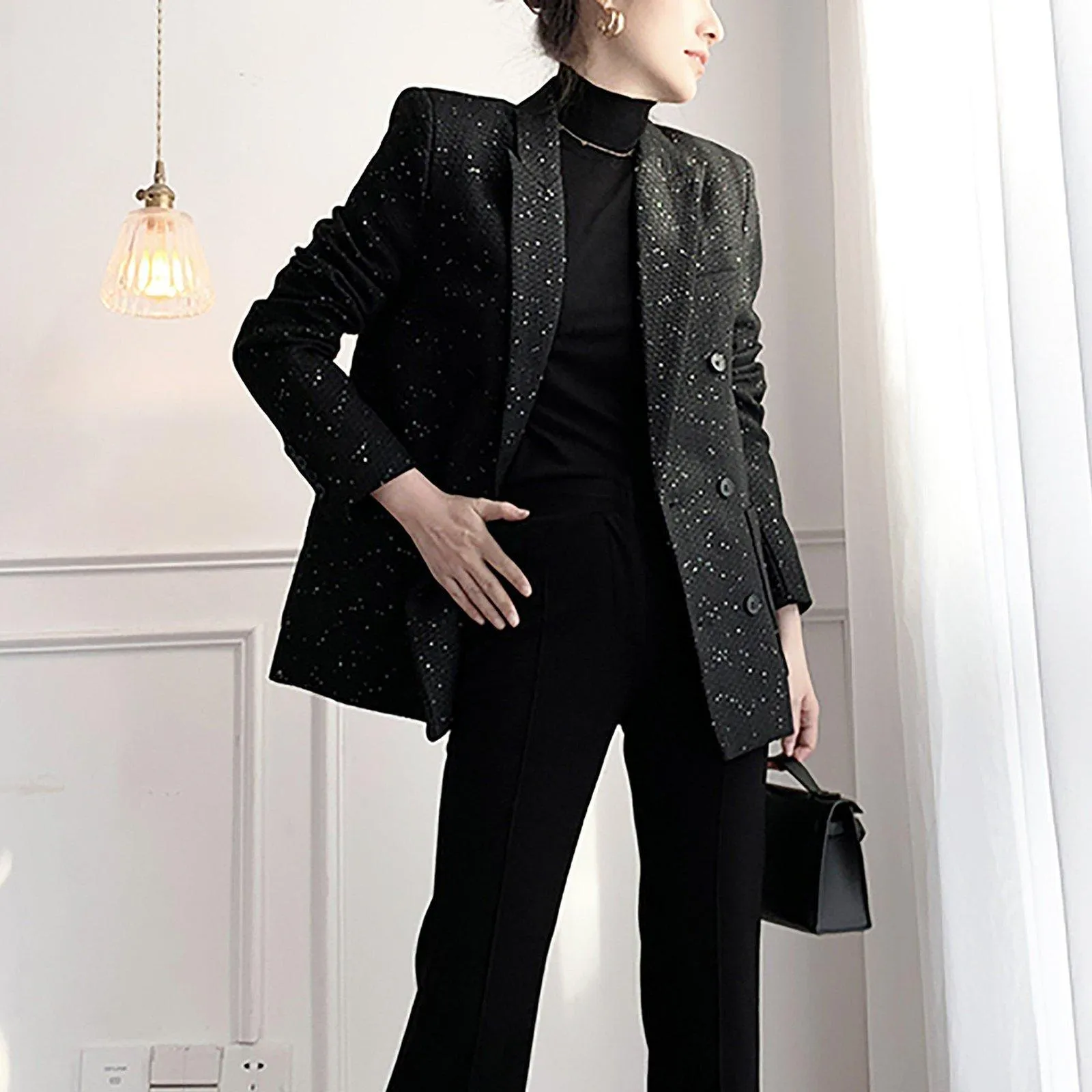 Women Black Tweed Blazer,Oversize Blazer Suit,Autumn Winter Blazer Coat,Double breasted Blazer Coat,Loose Blazer,Business Attire Office Wear