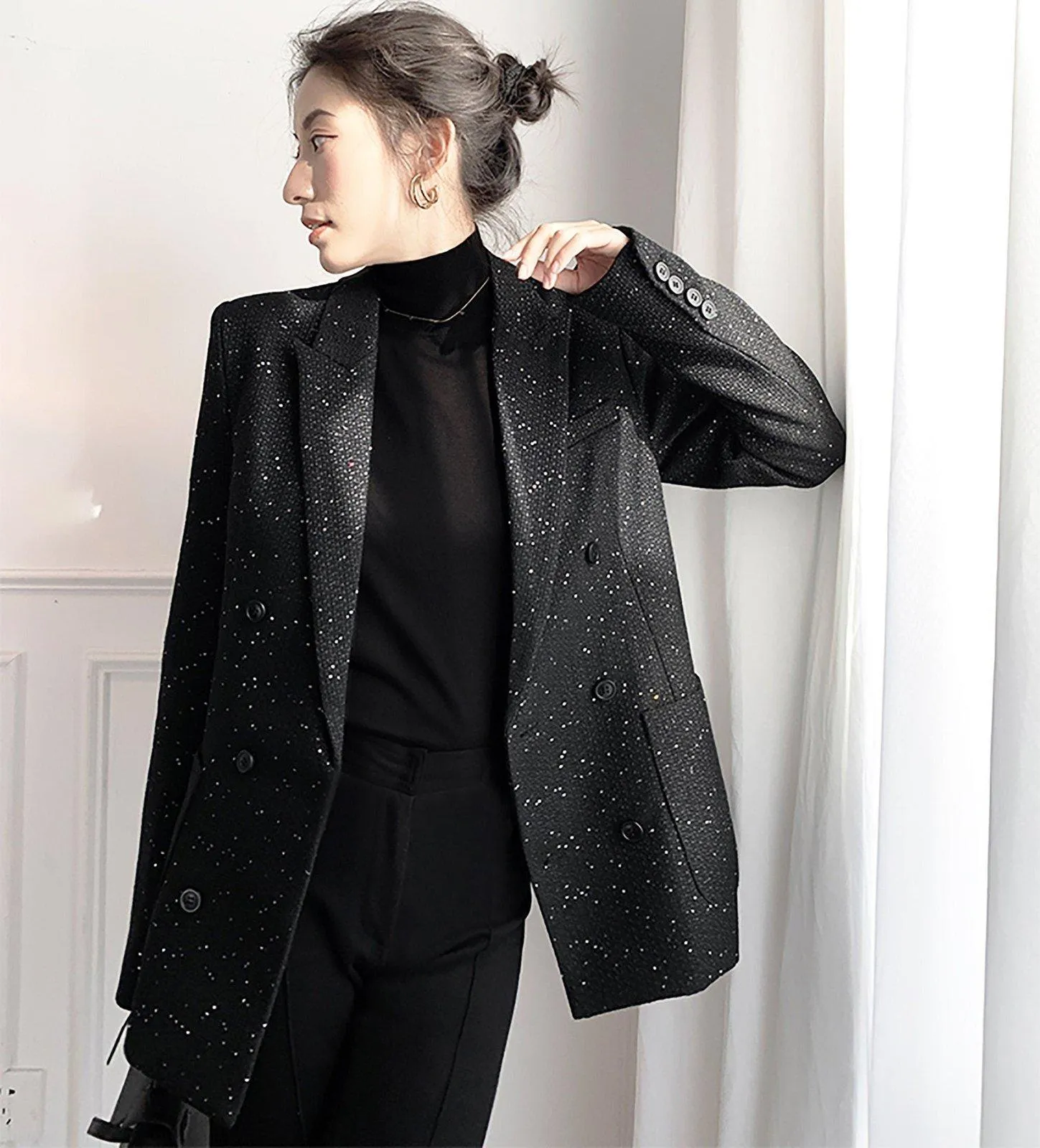 Women Black Tweed Blazer,Oversize Blazer Suit,Autumn Winter Blazer Coat,Double breasted Blazer Coat,Loose Blazer,Business Attire Office Wear