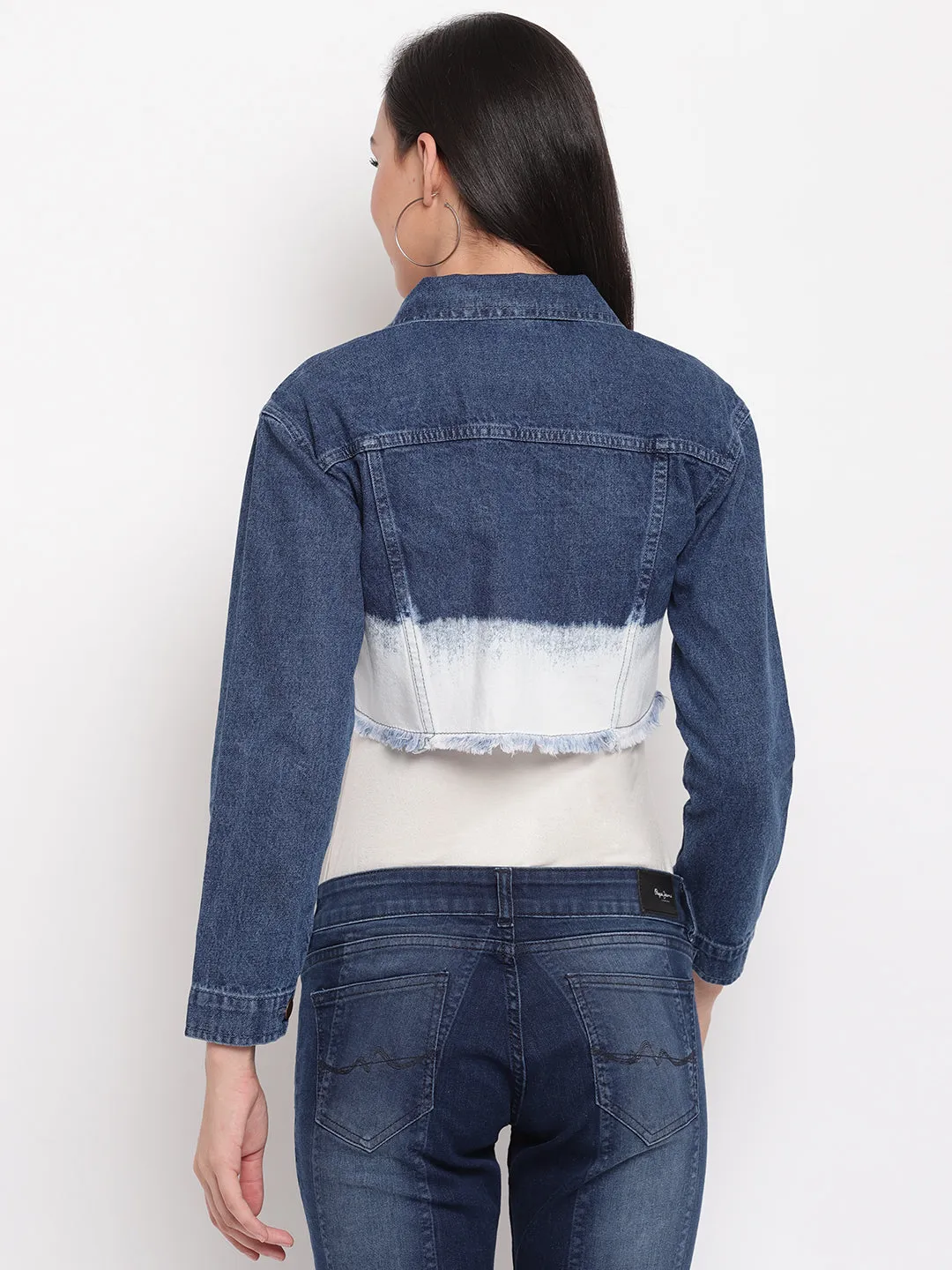 Women Blue Cropped Denim Jacket