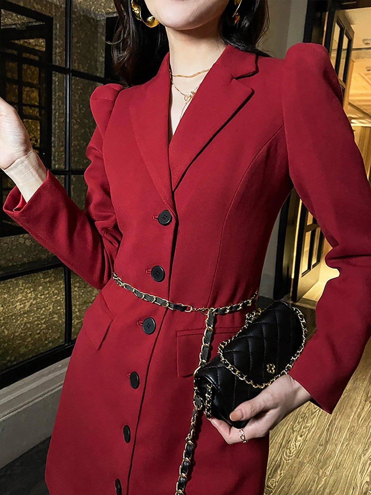 Women Burgundy Single Breasted Long Blazer Trench Dress