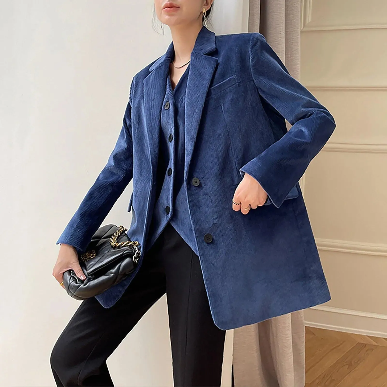 Women Corduroy Blazer Vest Set,Blue Blazer Vest,Oversize Suit,Blue Suit Women,Cotton Blazer Coat,Suit Vest,Corduroy Suit Vest,Autumn Suit