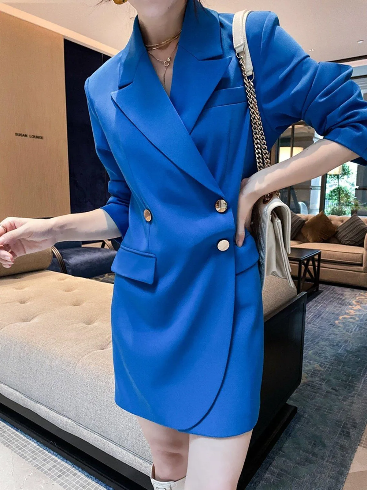 Women's Autumn folds asymmetrical Trench Dress Coat,Blue Double breasted loose suit Long jacket,Fall coat for women Blazer Dress Outerwear