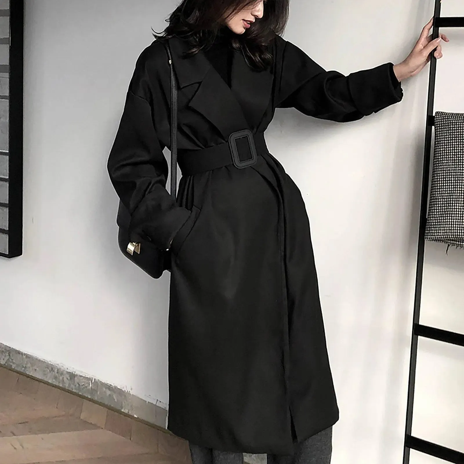 Women's Black Long Trench Coat,Fall Coat for Women,Autumn Winter Coat,Belted Over the knee Coat, Long Windbreaker,Women's Outerwear