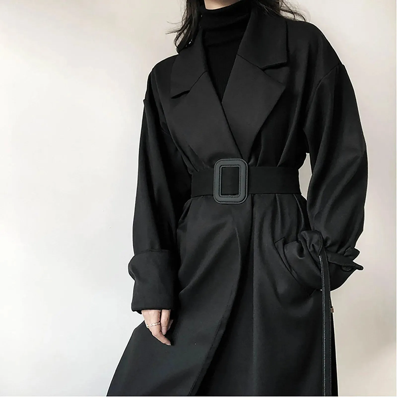 Women's Black Long Trench Coat,Fall Coat for Women,Autumn Winter Coat,Belted Over the knee Coat, Long Windbreaker,Women's Outerwear