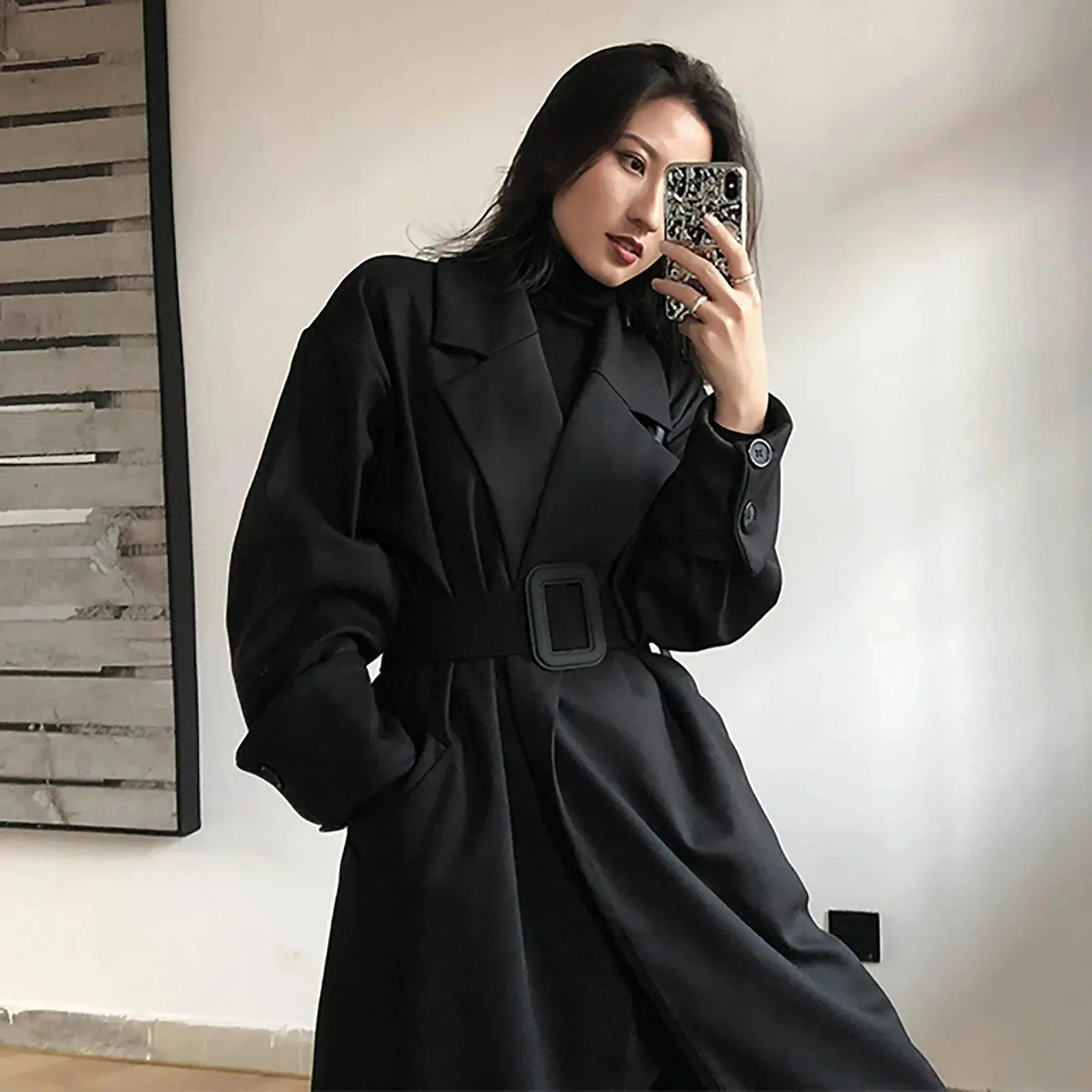 Women's Black Long Trench Coat,Fall Coat for Women,Autumn Winter Coat,Belted Over the knee Coat, Long Windbreaker,Women's Outerwear