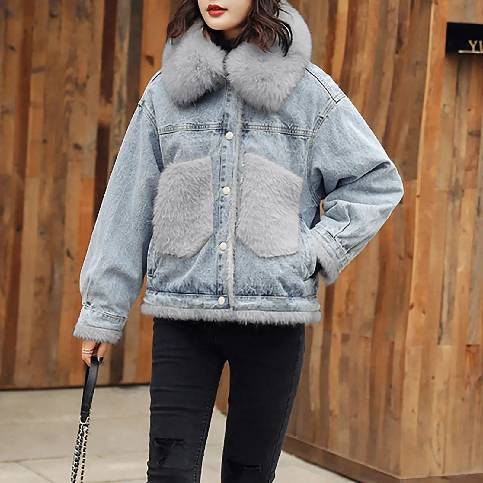 Women's Fox Fur collar Denim Jacket,Women Thermal Coat Faux Fur Lined Denim Jacket,Winter Faux Fur Coat,Relaxed Fit Jacket Coat,Denim Coat